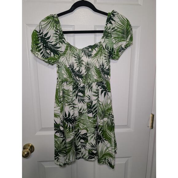 Tropical Palm Print Mini Dress Size S | Off Shoulder Smocked Puff Sleeve Japna - Picture 7 of 10